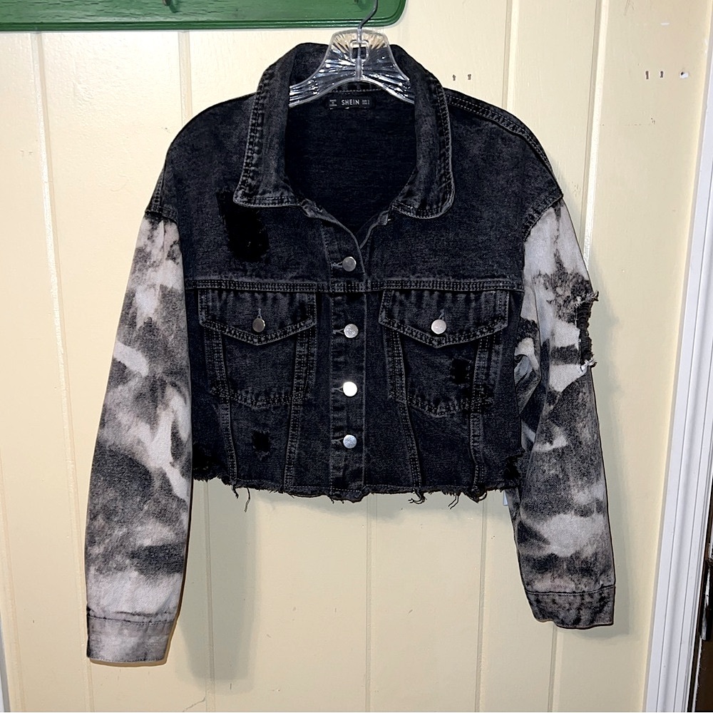 Black Distressed Punk Gray Acid Wash Sleeves Crop Moto Button Up Jacket Size S - Picture 8 of 12